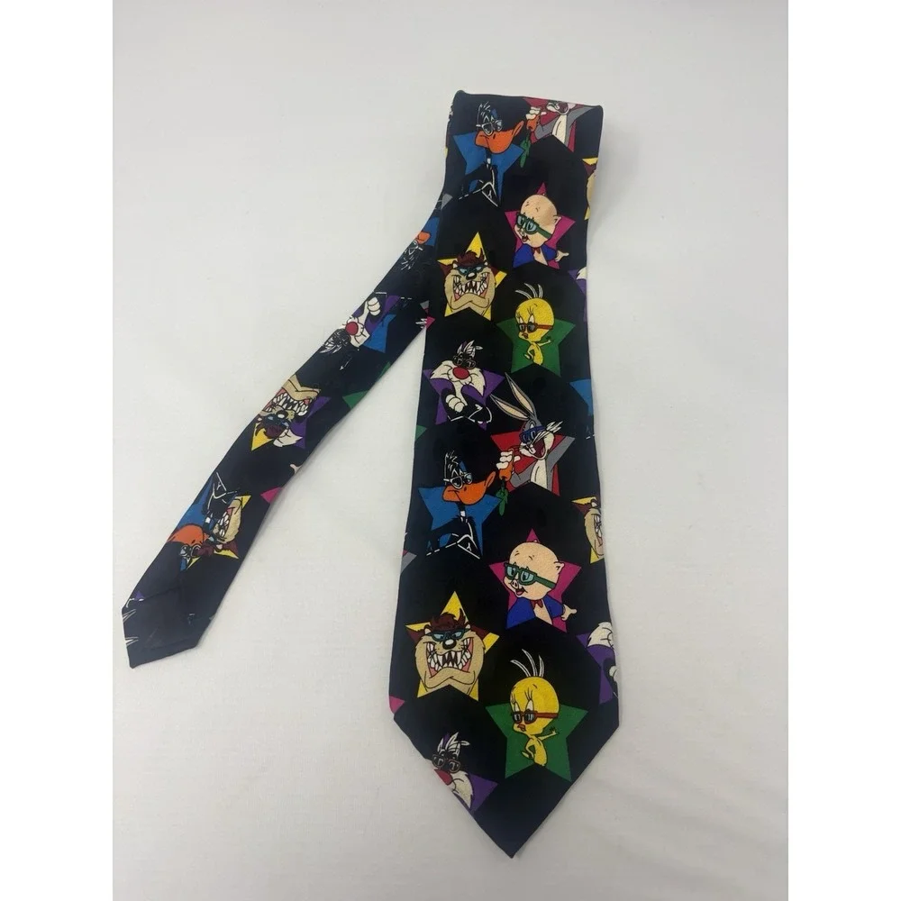 Vintage Looney Tunes Mania 1993 Characters Black Novelty Necktie Stars Shades